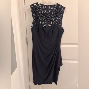 Xscape Navy Ruched Beaded Cocktail Dress